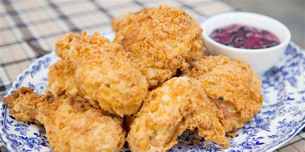 Cornflake Fried Chicken with Sweet and Sour Blueberry Sauce