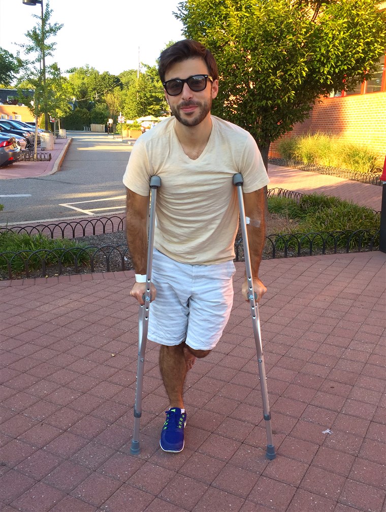 Ian Sager on crutches