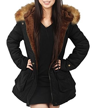 여자들's black jacket with faux fur