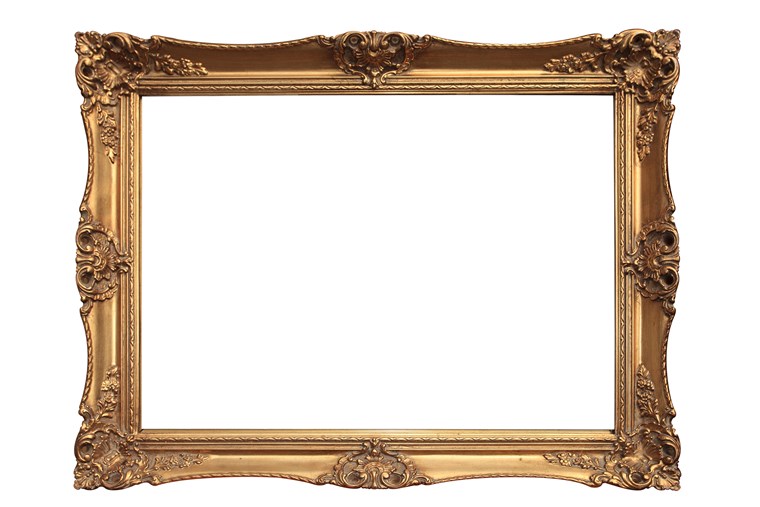 空の gold ornate picture frame with white background
