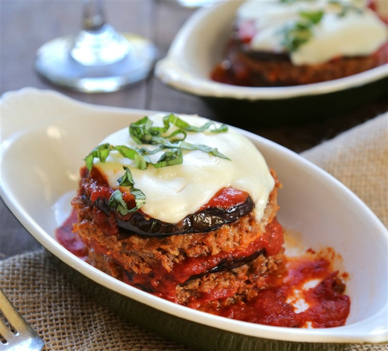 Cheesy meatloaf stacks with grilled eggplant and fresh basil. 