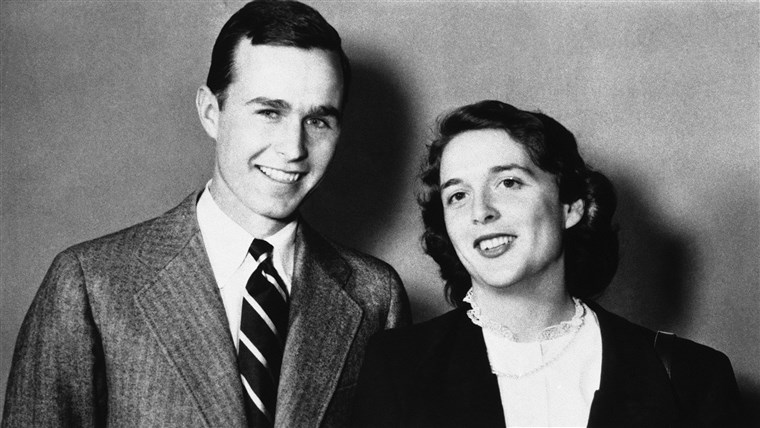 ジョージ Bush is shown with wife Barbara in 1945.