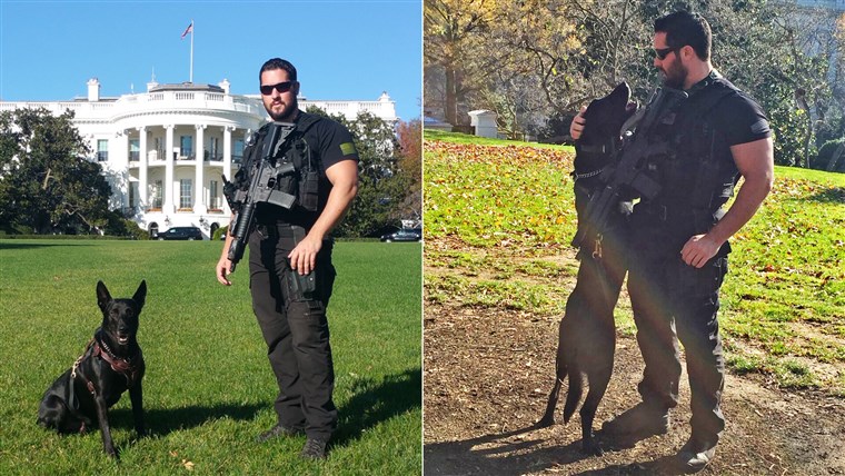 米国。 Secret Service agent Marshall with Secret Service dog Hurricane