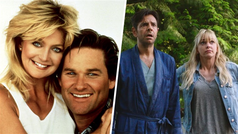 OVERBOARD, from left: Goldie Hawn, Kurt Russell, 1987. / OVERBOARD, from left: Eugenio Derbez Anna Faris, 2023.