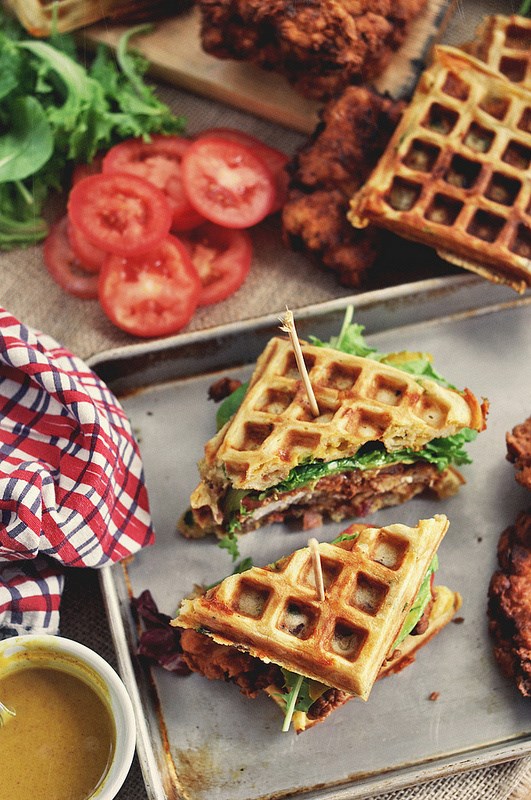 Goreng chicken and waffle sandwiches