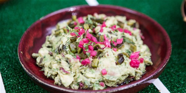 guacamole with Roasted Poblano and Pickled Red Onions