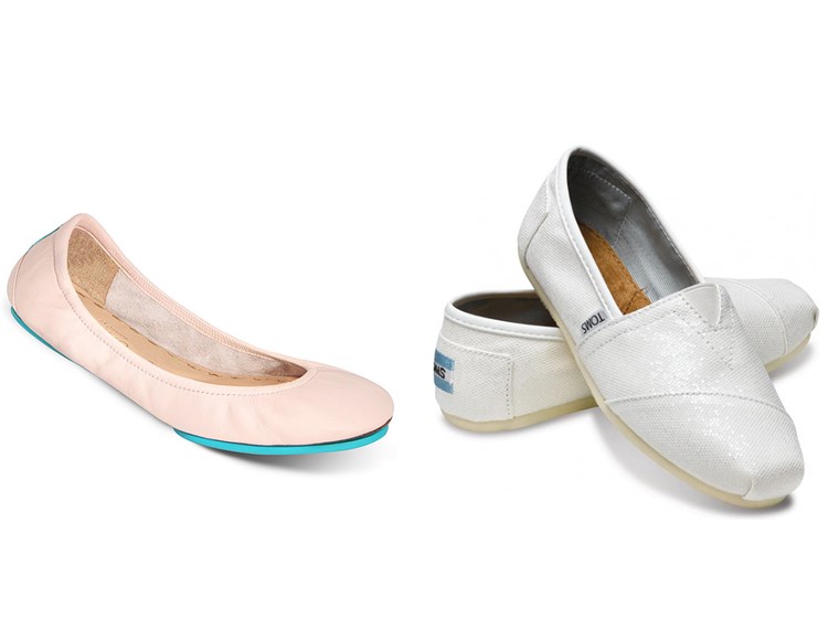 Manis and comfy: Tieks in ballerina pink and metallic TOMS slip-ons in white.