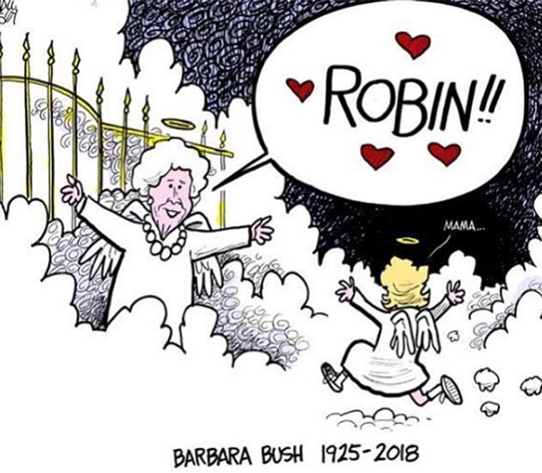 cartone animato showing Barbara Bush reunited in heaven with daughter, Robin