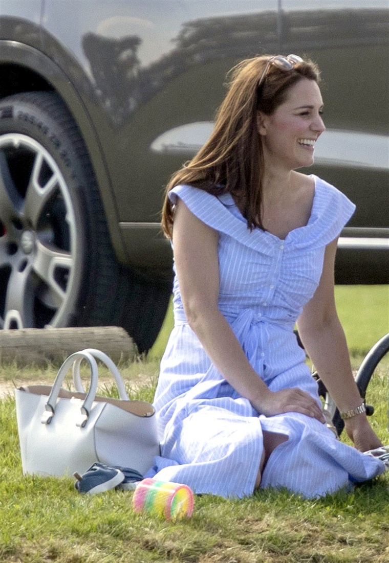 Catherine, Duchess of Cambridge, blue and white polo match dress
