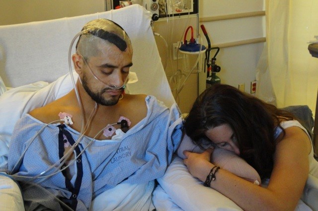 Eduardo Garcia, who suffered 21 surgeries after he touched a live electrical wire, on the first night after his hand was amputated with his girlfriend at the time, Jennifer Jane.
