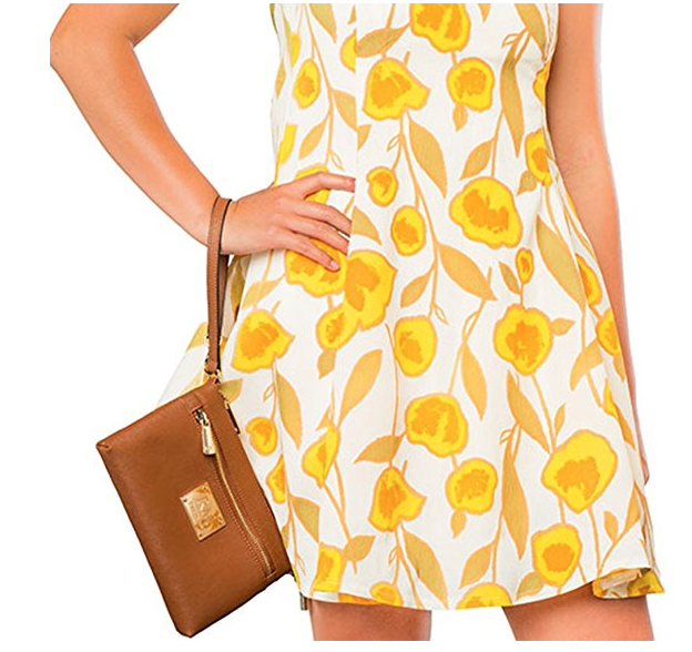 Kuning flower dress with tan purse