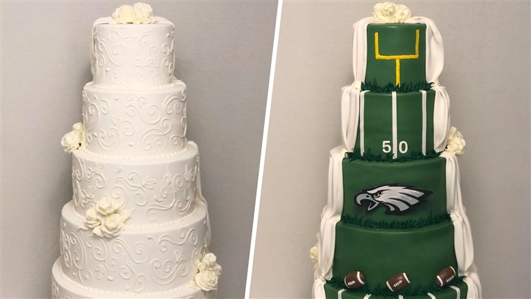에이 couple whose wedding cake was traditional on one side, Philadelphia Eagles themed on the othe
