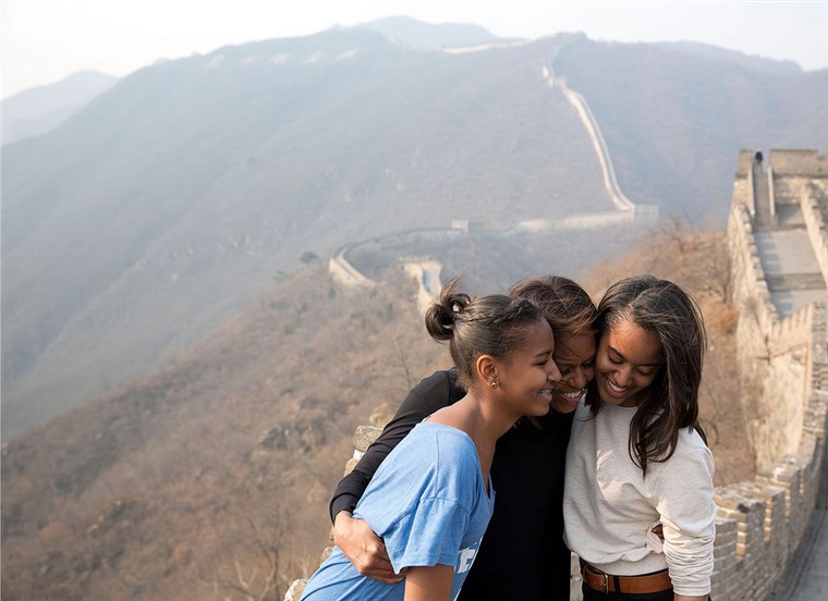 Michelle Obama with daughters Sasha and Malia during a visit to China's Great Wall 