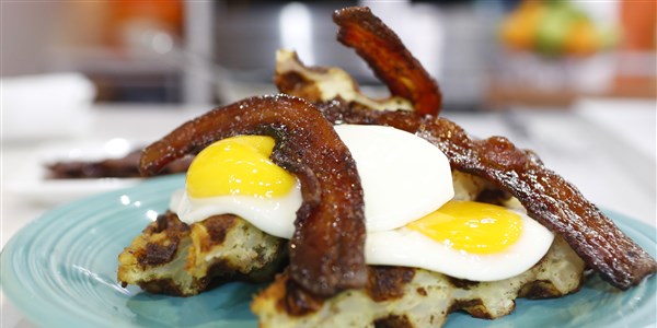 Hash Brown Waffle with Fried Egg and Candied Bacon