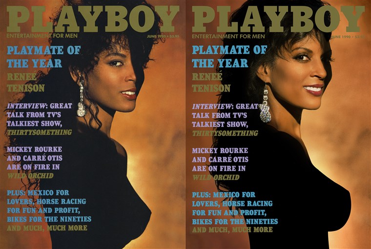 Renée Tenison in 1990 and today. She was the magazine's first black Playmate of the Year. 
