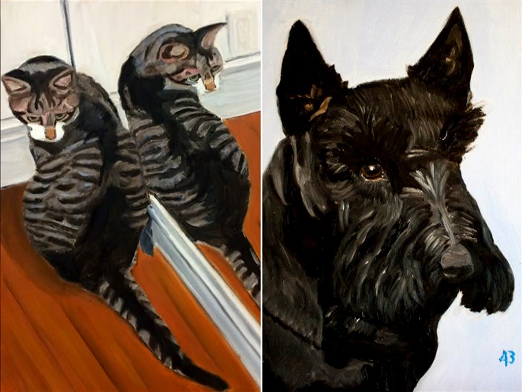 前者 President George W. Bush chose his pets -- his dog, Barney, and cat, Bob -- as the subjects of his initial paintings.