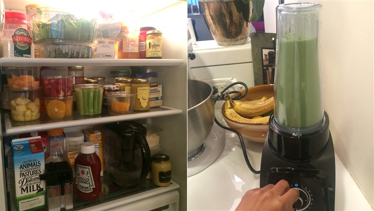 朝ごはん of champions: Tamron's fridge and morning juice.