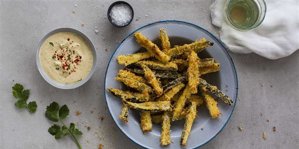 25-Minute Baked Zucchini Chips with Garlicky Chermoula Dip