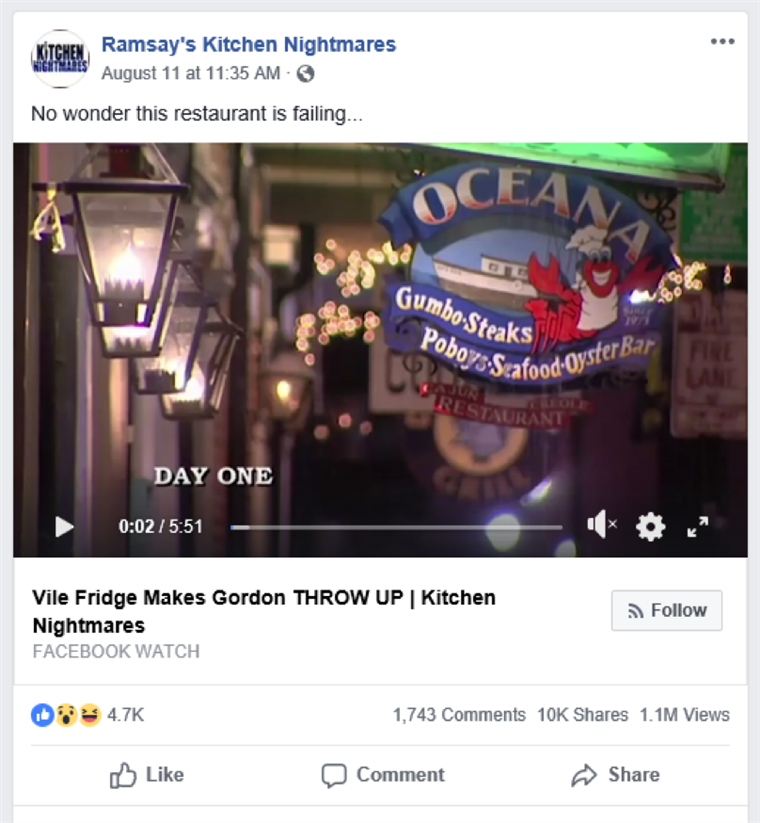 에이 screen shot from Ramsay's Kitchen Nightmares' Facebook post, which has since been removed from the page.