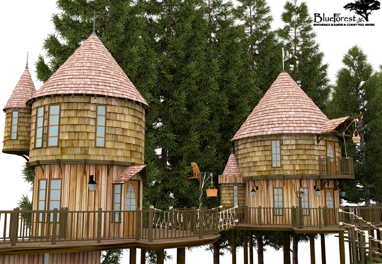 ザ plans for J.K. Rowling's tree houses include balconies, lanterns and cedar roofs made from sustainable wood.