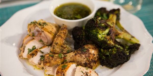 Herb-Roasted Whole Chicken with Charred Broccoli 