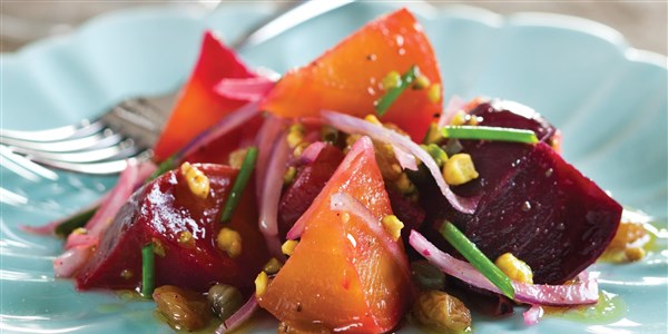 salad of Roasted Heirloom Beets with Capers and Pistachios