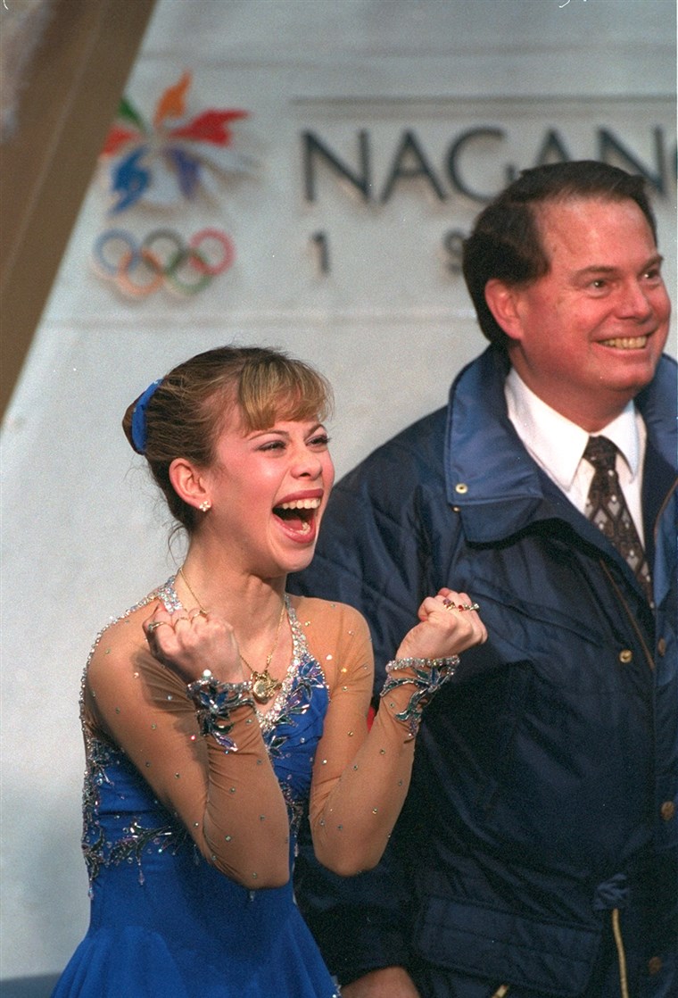 20 Feb 1998: Tara Lipinski of the USA reacts as her scores are posted during the free skate competition at White Ring Arena during the 1998 Winter ...