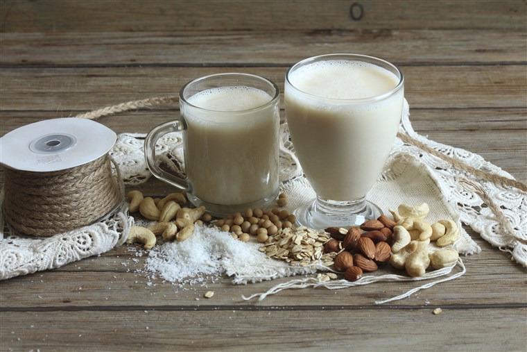 Vegan milk, nuts, soya beans and oats