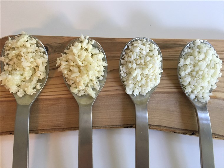 Dari left to right: Cauliflower rice made with a cheese grater, made with a food processor, fresh bagged from Trader Joe's, and frozen from Trader Joe's