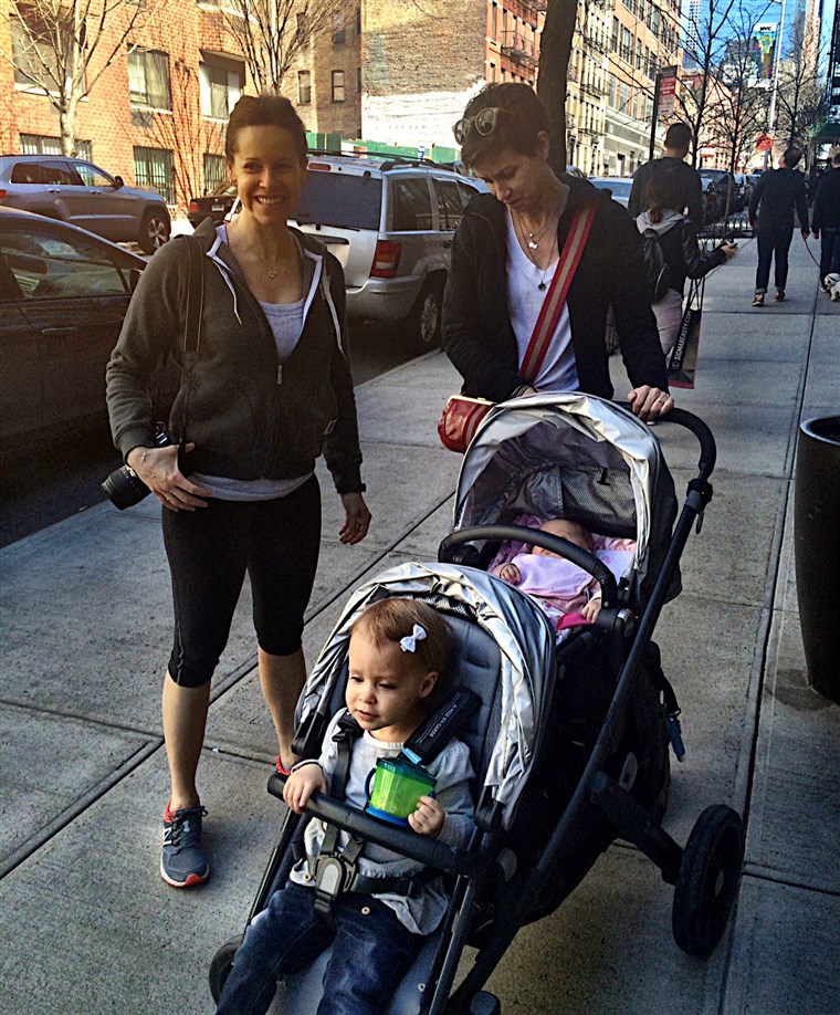 Camera in our hearts... and in the new stroller. Jenna Wolfe and Stephanie Gosk step out with daughters Harper and Quinn.