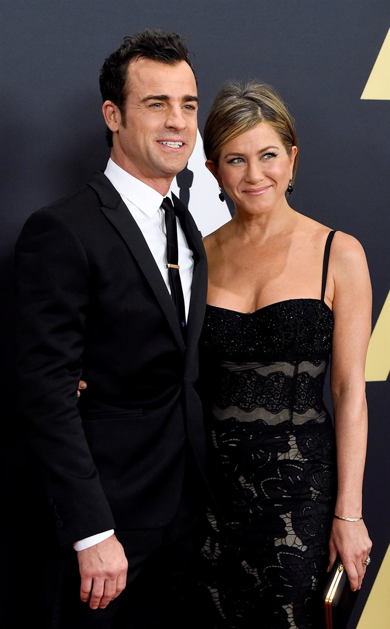 Jennifer Aniston with Justin Theroux at the Governors Awards in Hollywood.