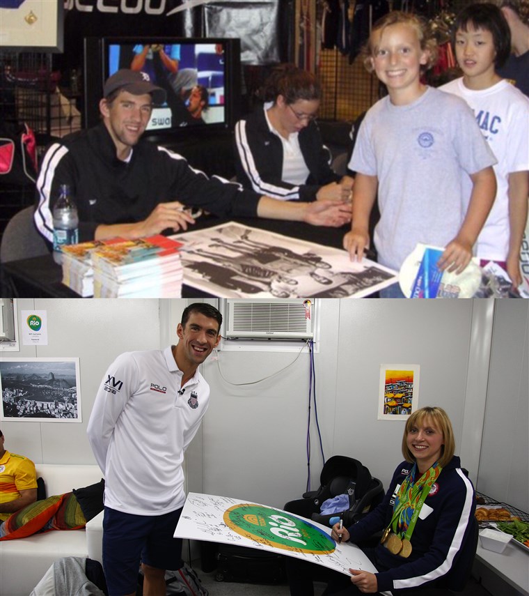 9 세 Katie Ledecky gets an autograph from Michael Phelps in 2006... and co-signs her own in 2016!