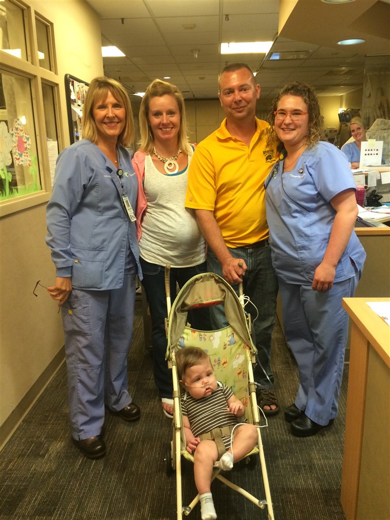 Sana was a party at the hospital on July 24, the day Trevor went home. From left to right, Essentia Health NICU Clinical Supervisor Vicki Holtan, Becky Frolek, Bo Frolek, Essentia Health NICU Lead RN Erin Kuehl and Trevor.