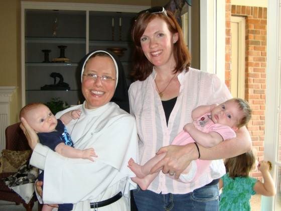 Appendere in' with my sister: Jennifer Fulwiler with Sister Elizabeth Ann, one of the Sisters of Mary, Mother of the Eucharist (I’m the one in the pink shirt, Jennifer adds helpfully).