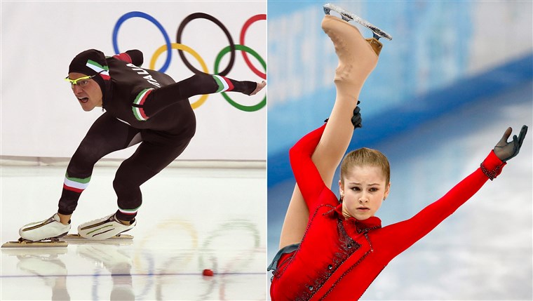 Italia's Mirko Nenzi, left, competes in the the men's speed skating 1000 m on Feb. 12; Russia's Yulia Lipnitskaya, right, performs during the women's free skating of the figure-skating team event on Feb. 9.