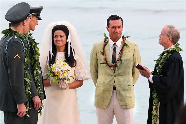 Jon Hamm, second from right, films a wedding scene.