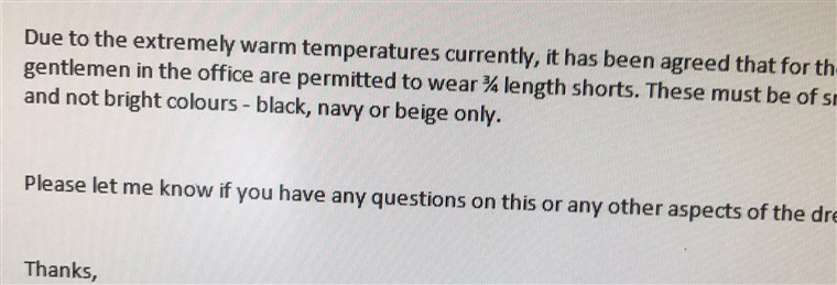 Chiatta tweeted this photo of an email from his company, amending its 'no shorts' rule for men at the office. 