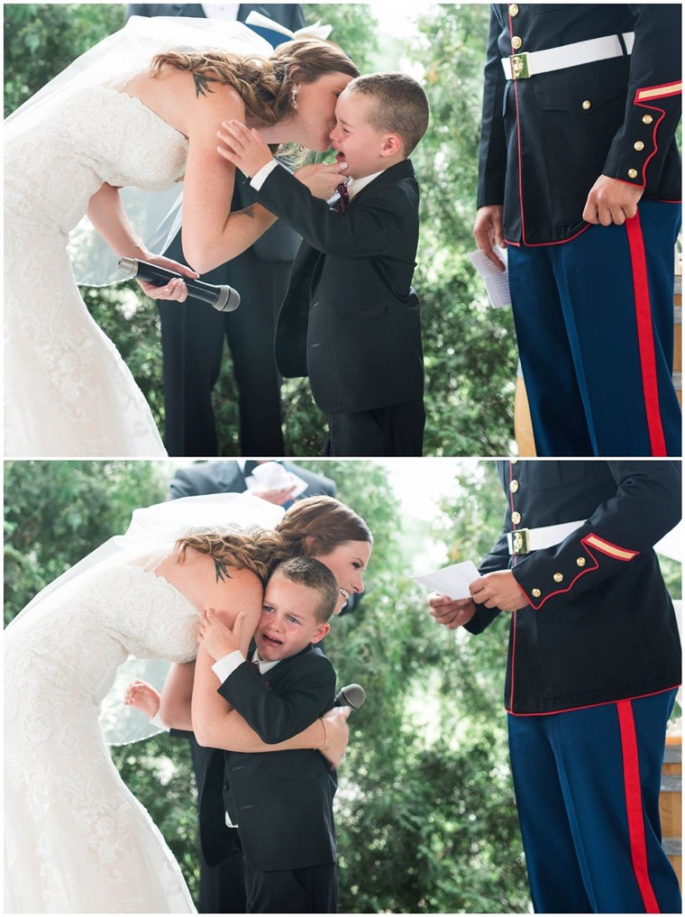 우리. Marine Corps Sergeant Joshua Newville and Senior Airman Emily Leehan got married on Saturday in upstate New York. Newville's son, Gage, became overwhelmed with emotion at the ceremony.