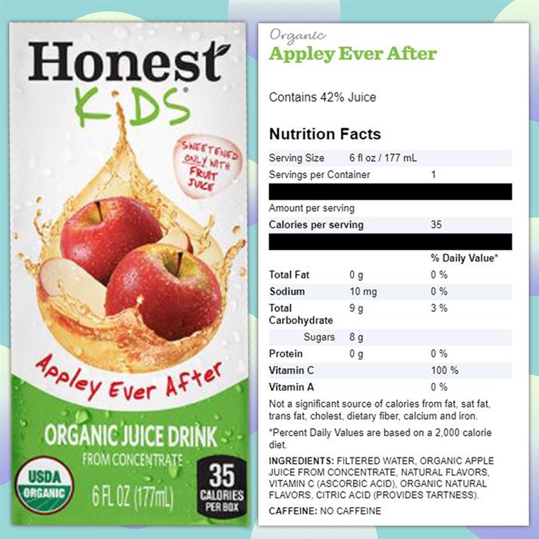 Jujur Kids apple juice nutrition label