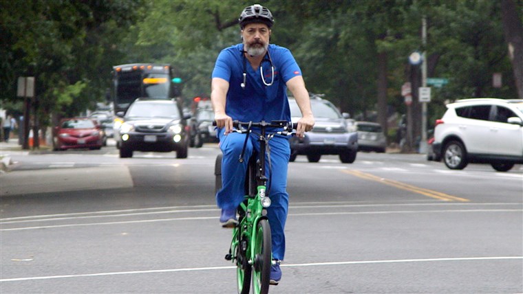 Marrone often uses a bicycle to see patients. 