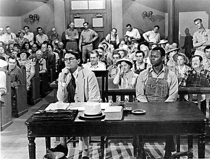 Gregory Peck plays Atticus Finch and Brock Peters plays the wrongfully accused Tom Robinson in the 1962 film adaptation of 