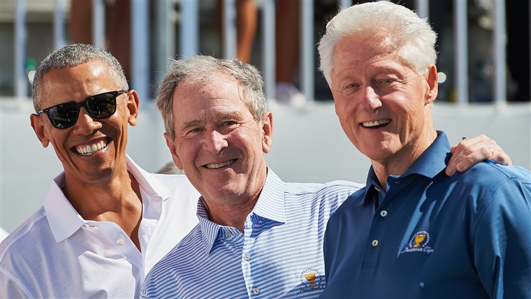 Ex presidents Barack Obama, George W. Bush and Bill Clinton had themselves a great time before the opening round of the Presidents Cup golf tournament in New Jersey. 