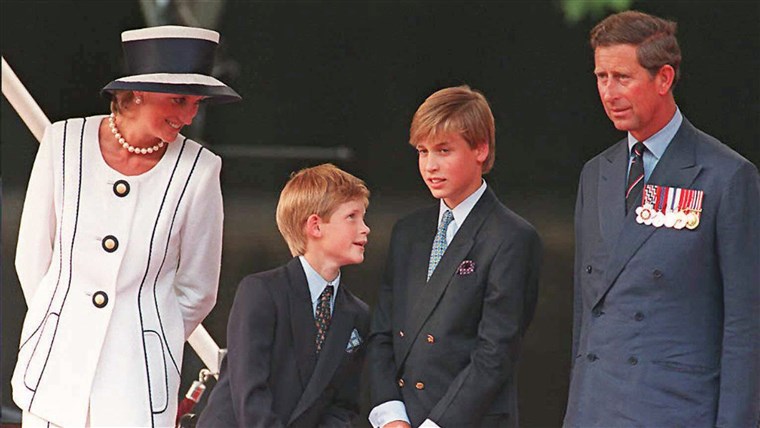 공주님 Diana, Prince Harry, Prince William and Prince Charles gather for the commemorations of V-J Day in 1995.