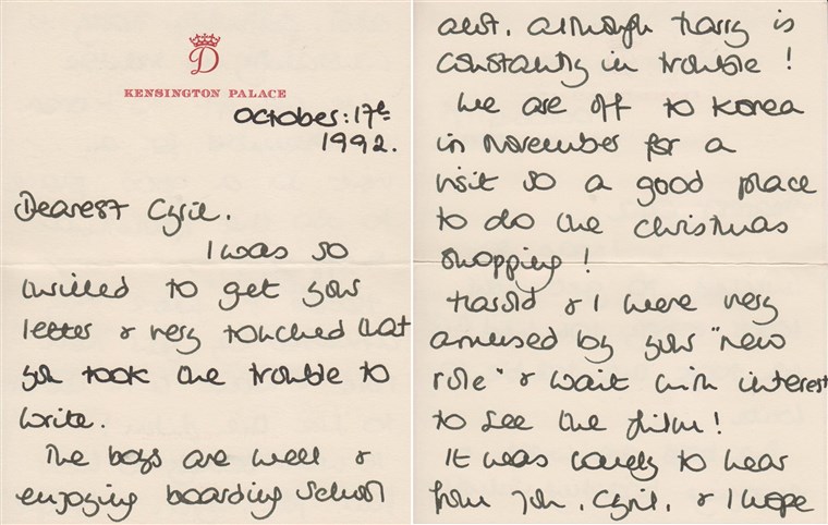 공주님 Diana letters to her friend Cyril Dickman, a steward at Buckingham Palace.