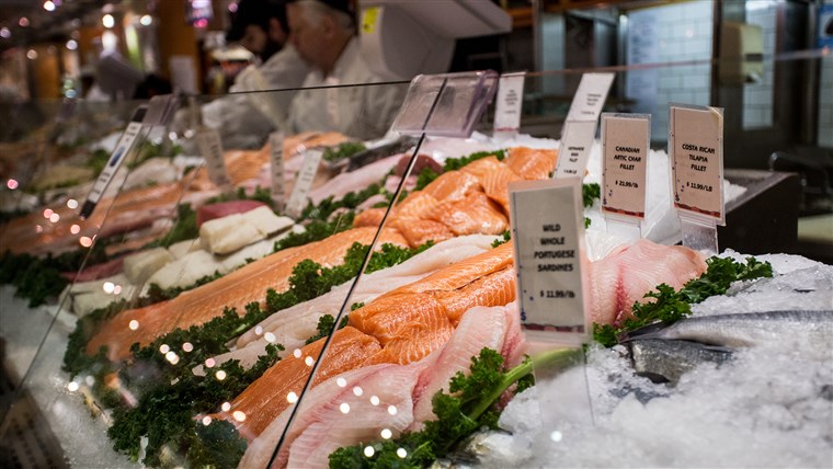 Display of fresh fish for sale at local market in Grand Central Station
