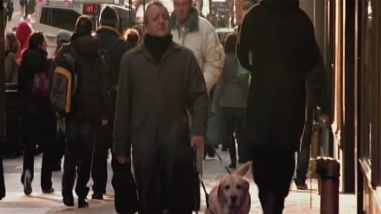 Omar Rivera walks down a New York street with his guide dog Montana.