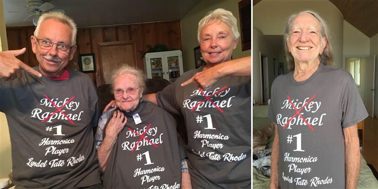 Willie Nelson and Lyndel Rhodes with her kids sporting a shirt calling her a better harmonica player than Nelson's band mate, Mickey Raphael.