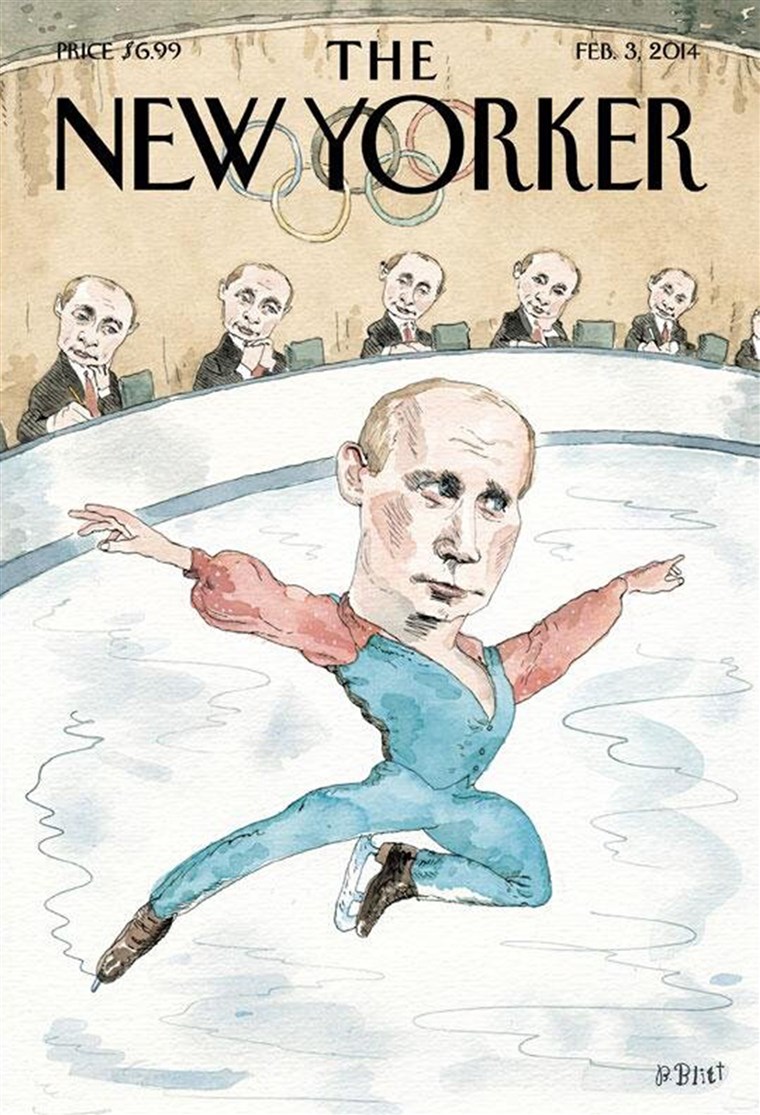 그만큼 cover of the Feb. 3 edition of The New Yorker magazine has some fun with Russian president Vladimir Putin in the midst of controversy over Russian anti-gay laws heading into the Winter Olympics in Sochi next week. 