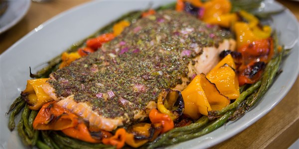 One-Pan Mustard Salmon with Peppers and Green Beans