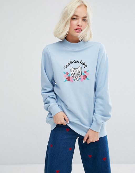 Pigro Oaf High Neck Sweatshirt With Weird Cat Lady Embroidery
